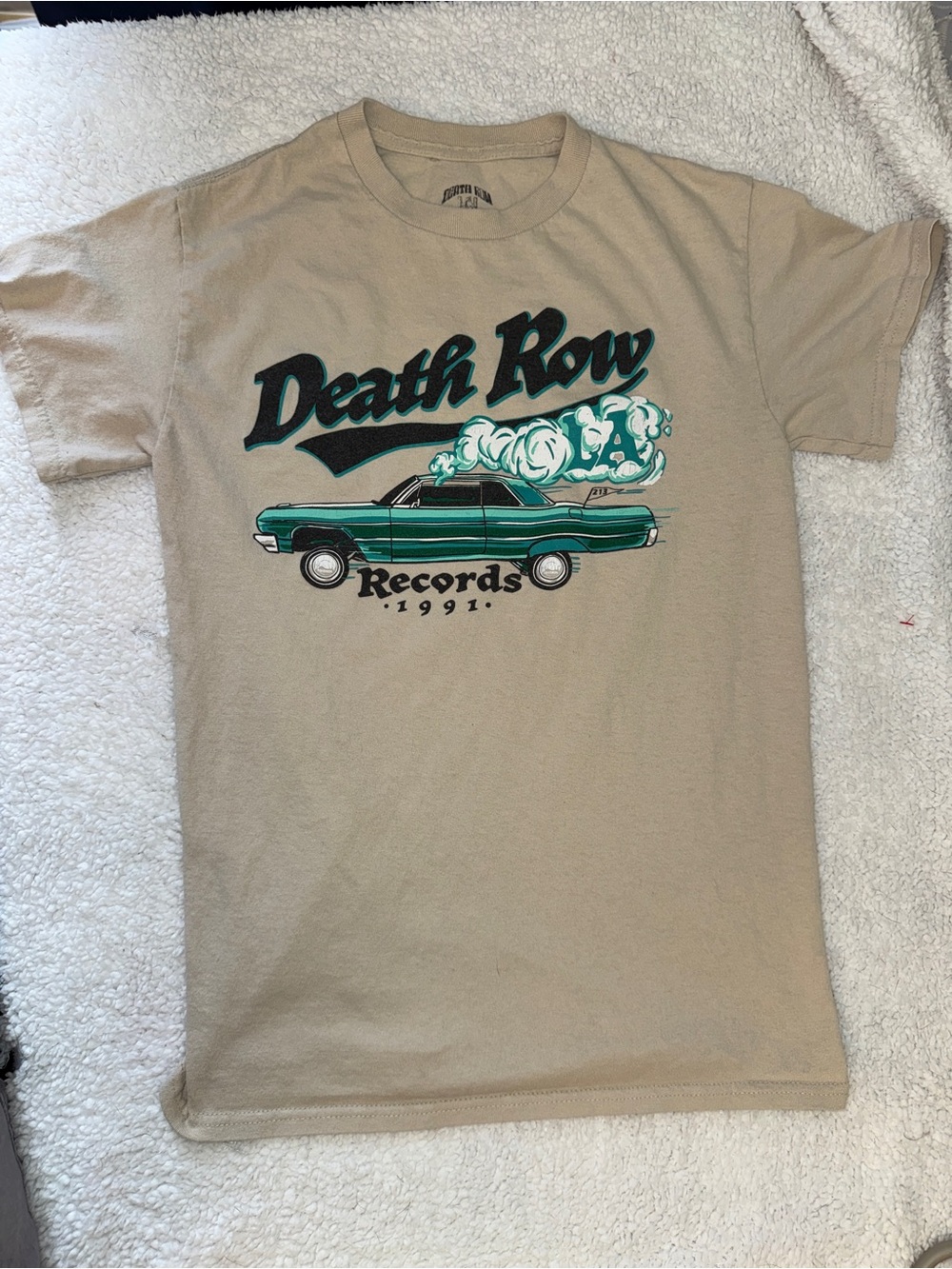 Death Row Records 1991 Beige Graphic Tee, custom impala car design, men’s S EUC